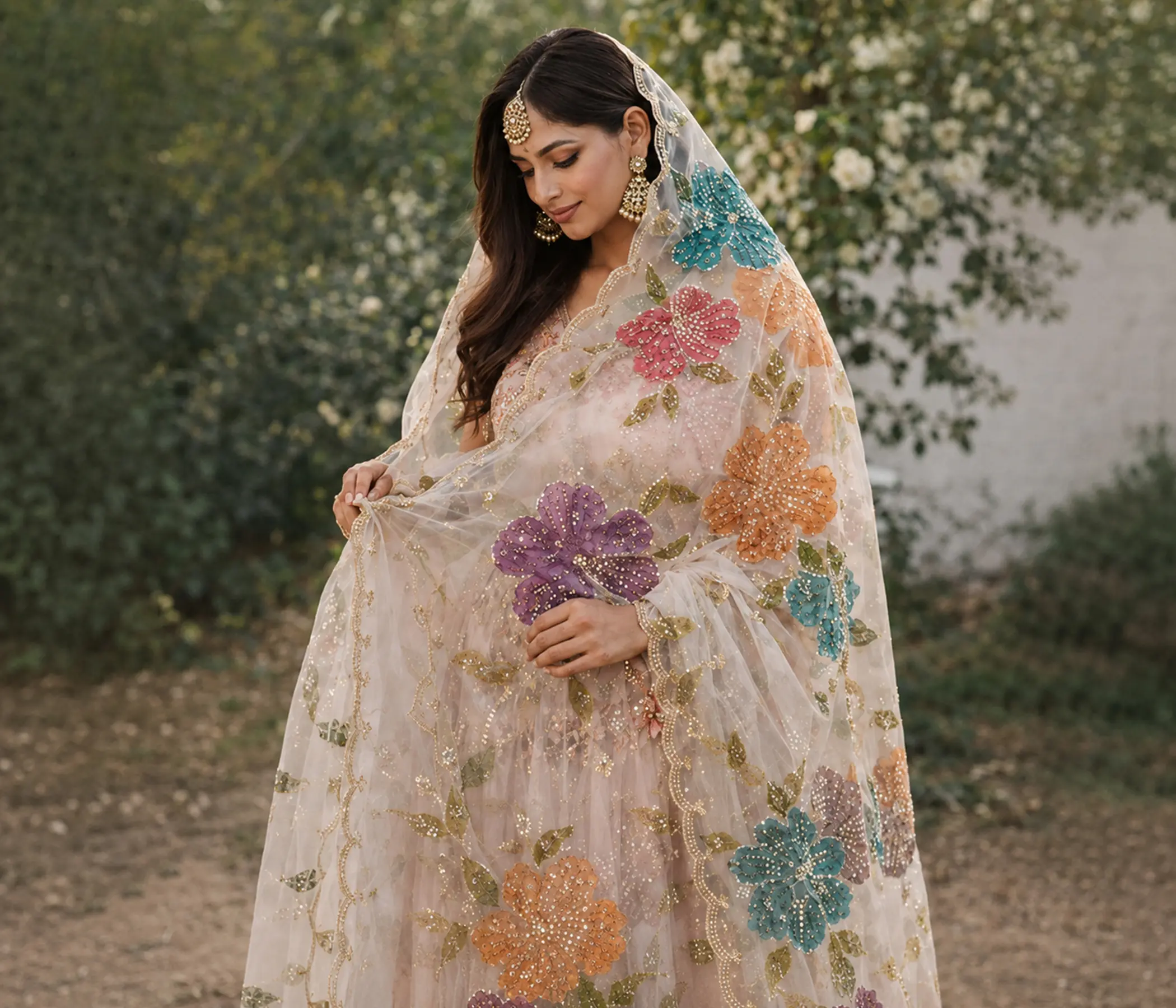 Hand Painted and Dabka work Organza Dupatta